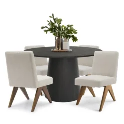 Dwen+Mor 5-Piece Black Dining Table Set With 4 Upholstered Chairs And 46" Manufactured Black Grain Modern Round Dining Table Set-The Pop Maison
