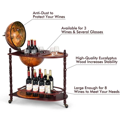 Costway Wood Globe Wine Bar Stand 34'' H 16th Century Italian Rack Liquor Bottle Shelf - Image 4