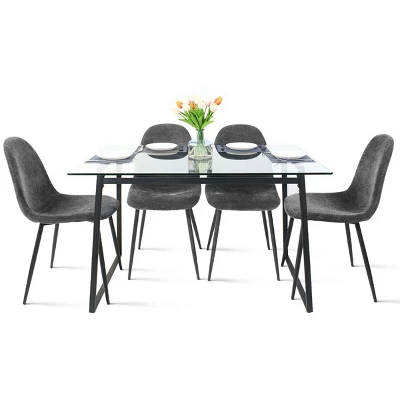 Mona+Spoon 5 Piece Black Rectangular Clear Tempered Transparent Glass Table With 4 Upholstered Side Chairs-Maison Boucle - Image 12