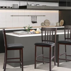 Costway Set Of 2 Bar Stools Counter Height Chairs W/ PU Leather Seat Espresso