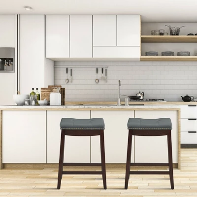 Costway Set Of 2 Nailhead Saddle Bar Stools 24'' Counter Stools Brown/White With Grey Cushion - Image 2