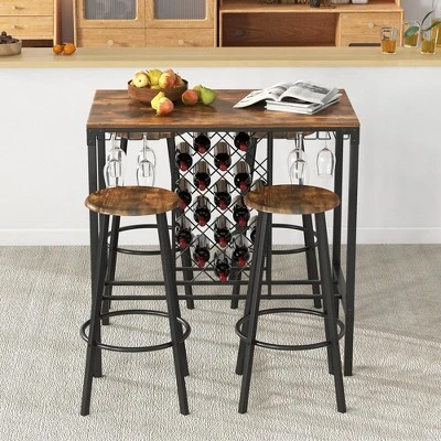 Costway 5PCS Bar Table & Stools Set Industrial Bistro Set With Wine Rack & Glass Holder - Image 4