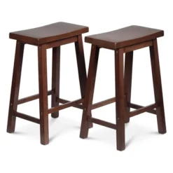 PJ Wood Classic Saddle-Seat 24" Tall Kitchen Counter Stools For Homes, Dining Spaces, And Bars W/ Backless Seats, 4 Square Legs, Walnut (Set Of 10)