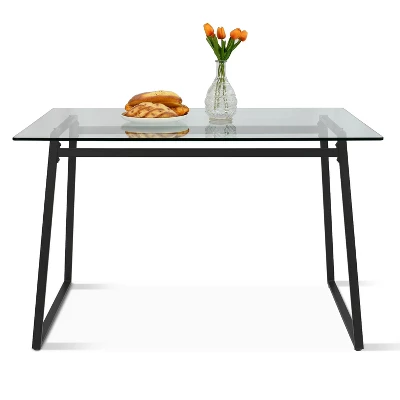 Mona+Spoon 5 Piece Black Rectangular Clear Tempered Transparent Glass Table With 4 Upholstered Side Chairs-Maison Boucle - Image 3