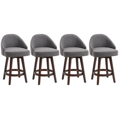 HOMCOM Bar Stools Set Of 4, Linen Fabric Kitchen Counter Stools With Nailhead Trim, Rubber Wood Legs And Footrest For Dining Room, Pub, Dark Gray - Image 3