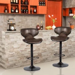 Costway Set Of 4 Adjustable Bar Stools Swivel Bar Chairs W/ Backrest Retro Brown Hot-Stamping Cloth