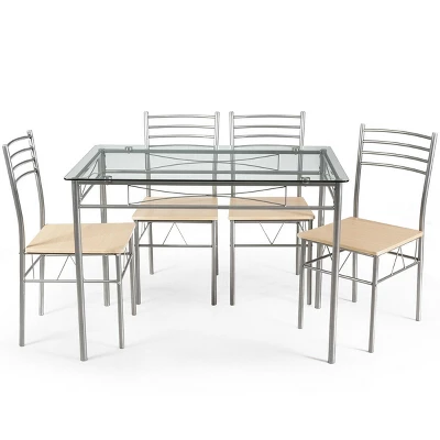 Costway 5 Piece Dining Set Table And 4 Chairs Glass Top Kitchen Breakfast Furniture Brown - Image 9