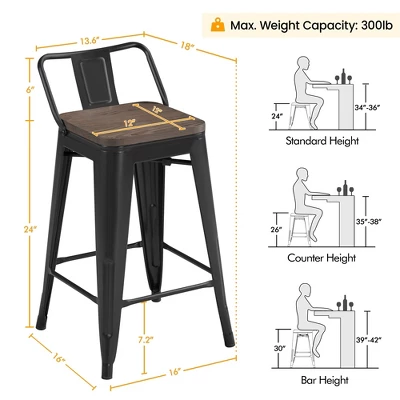 Yaheetech 24" Low Back Metal Counter Height Bar Stools With Wood Seat & Footrest, Set Of 4 - Image 2