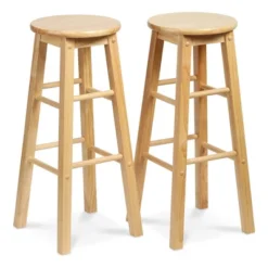 PJ Wood Classic Round Seat 29" Tall Kitchen Counter Stools For Homes, Dining Spaces, And Bars With Backless Seats & 4 Square Legs, Natural (Set Of 6)