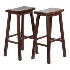 PJ Wood Classic Saddle Seat 29" Tall Kitchen Counter Stools For Homes, Dining Spaces, And Bars W/ Backless Seats & 4 Square Legs, Walnut (Set Of 8)