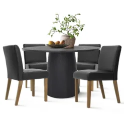 Dwen+North 5-Piece 46" Manufactured Black Grain And 18.5" Wide 4 Faux Leather Dining Chairs Modern Round Dining Table Set-The Pop Maison