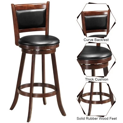 Costway Set Of 2 29'' Swivel Bar Height Stool Wood Dining Chair Upholstered Seat Panel Back Espresso - Image 9