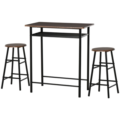 HOMCOM 3 Piece Counter Height Bar Table And Chairs Set, Space Saving Dining Table With 2 Matching Stools, Storage Shelf Metal Frame Footrest - Image 3